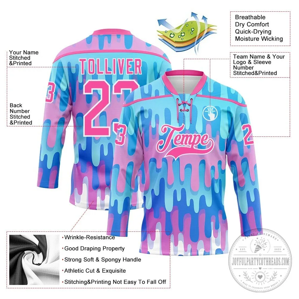 Custom Blue Pink White Melting Gradient Liquid Lace Neck Hockey Jersey 11 Custom Blue Pink White Melting Gradient Liquid Lace Neck Hockey Jersey
