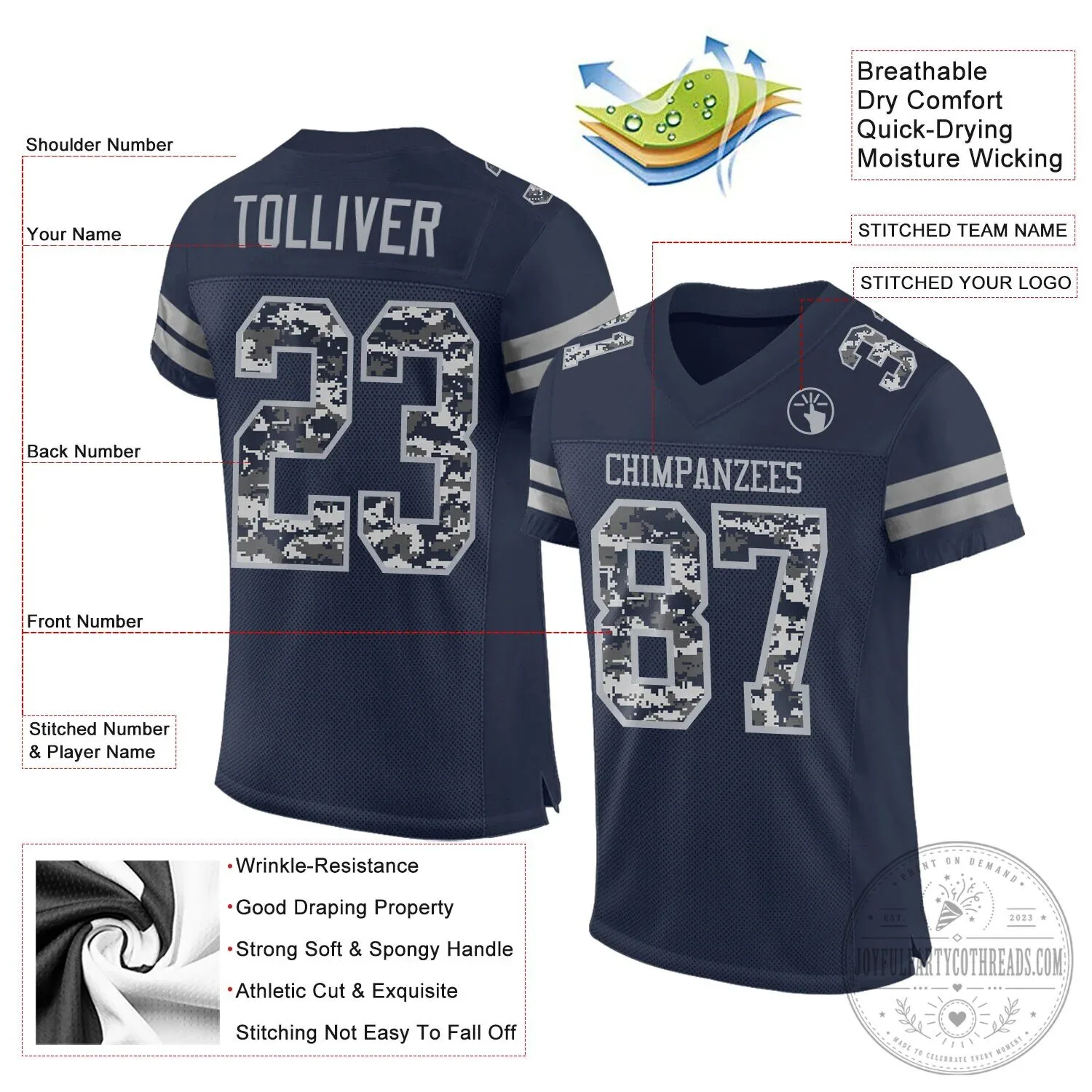 Custom Navy Blue Digital Camouflage Pattern Football Jersey 4 Custom Navy Blue Digital Camouflage Pattern Football Jersey