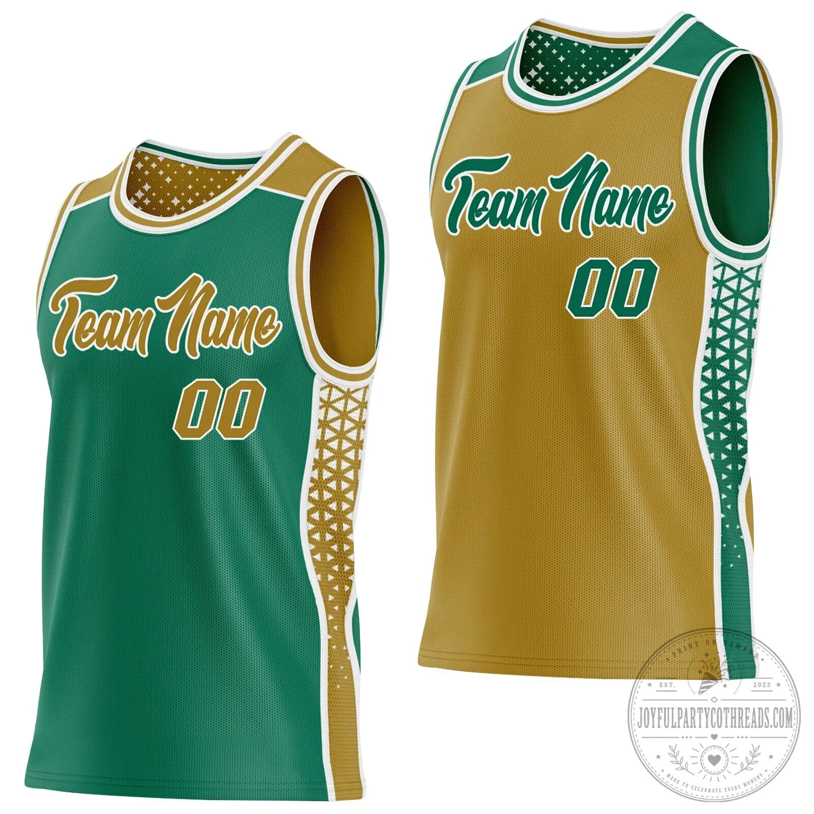 Custom Reversible Basketball Jersey with Team Name and Number in Green and Gold