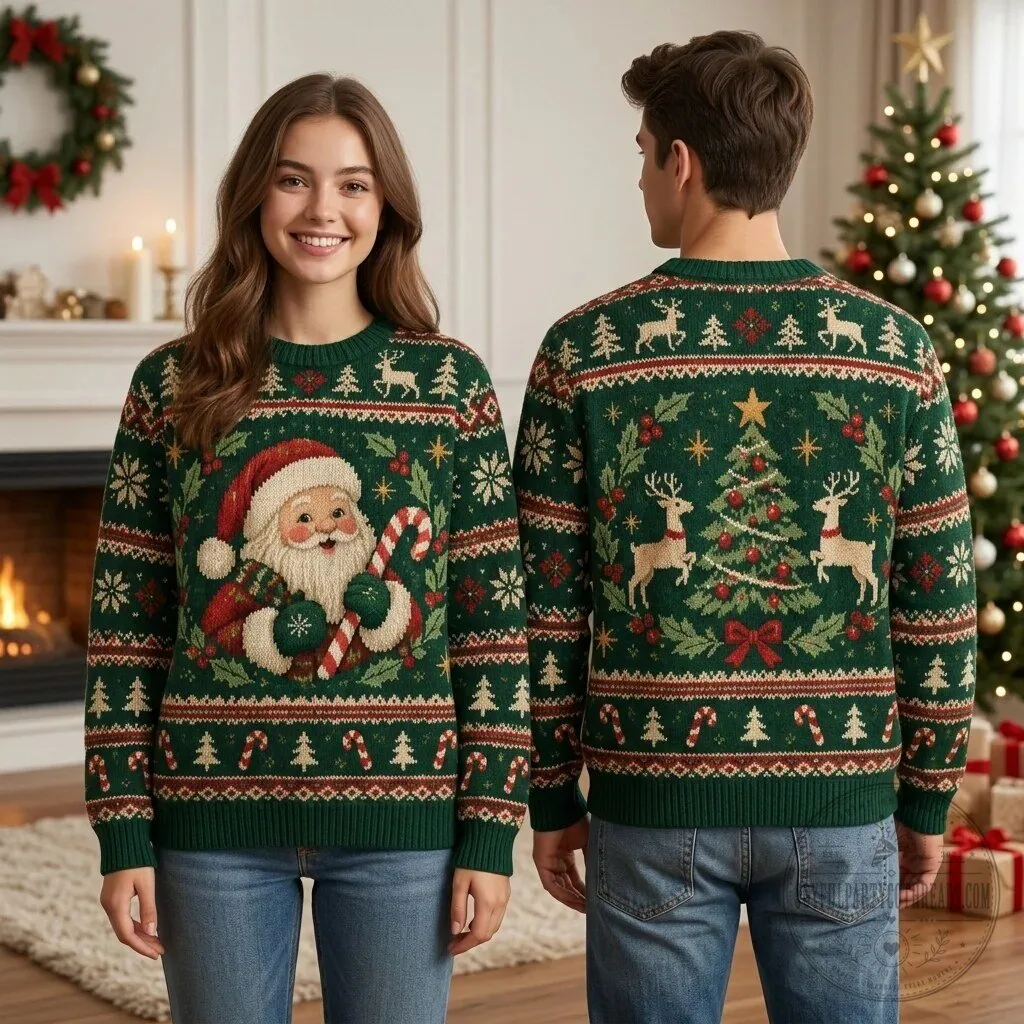 Classic Santa Claus and Reindeer Christmas Tree Holiday Sweater