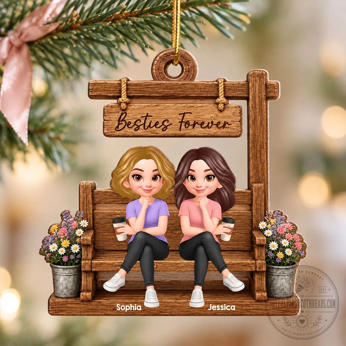 Besties Forever Sisters Sitting On Bench Personalized Wooden Christmas Ornament