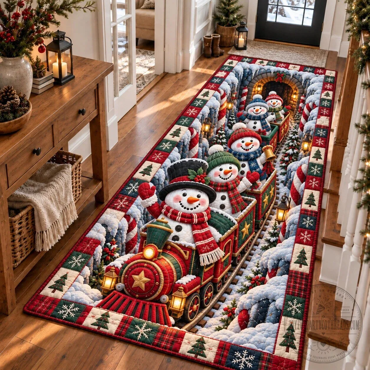Christmas Snowman Train Holiday Runner Rug for Hallway Decor