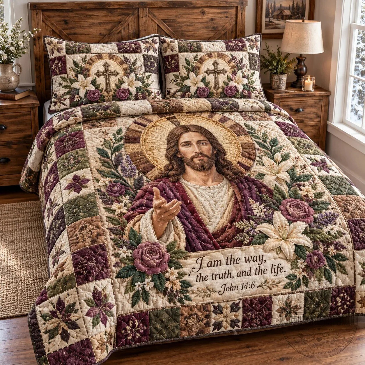 Jesus Christ I Am The Way The Truth The Life Quilted Bedding Set