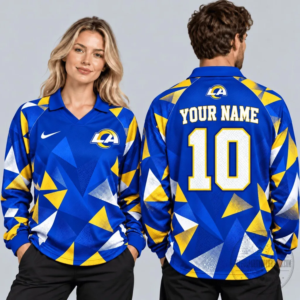 Los Angeles Rams Geometric Abstract Camouflage Custom Name Number Long-Sleeve Polo Shirt Los Angeles Rams Geometric Abstract Camouflage Custom Name Number Long-Sleeve Polo Shirt