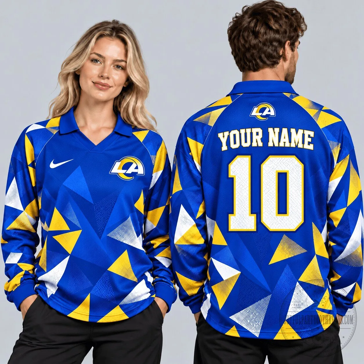 Los Angeles Rams Geometric Abstract Camouflage Custom Name Number Long-Sleeve Polo Shirt 1 Los Angeles Rams Geometric Abstract Camouflage Custom Name Number Long-Sleeve Polo Shirt