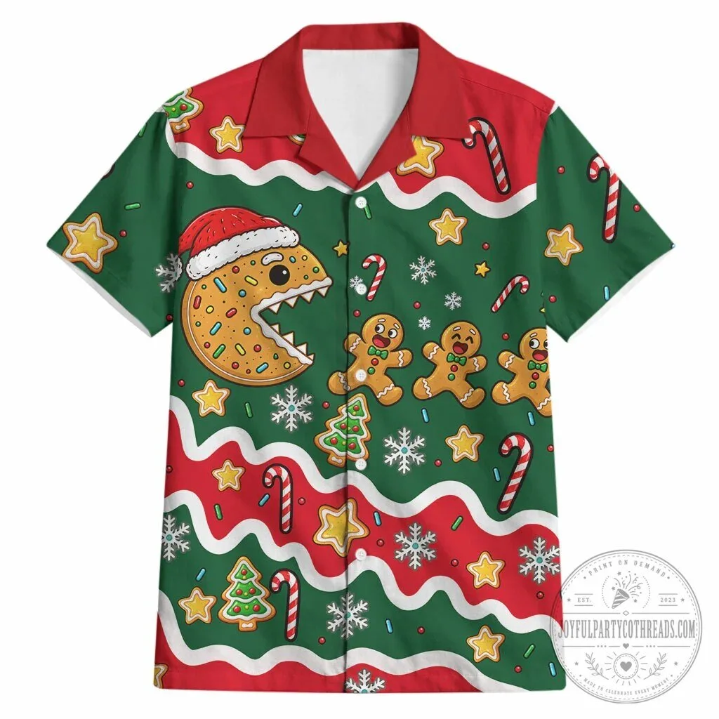 Christmas Pac-Man Gingerbread Man Candy Cane Holiday Hawaiian Shirt