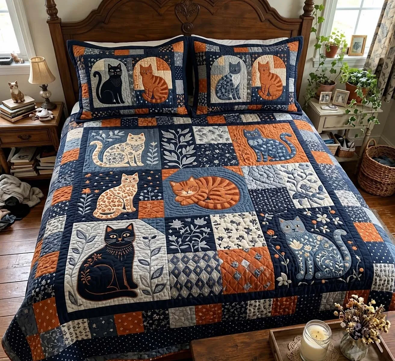 Midnight Cat Garden Quilted Bedding Set with Pillow Shams