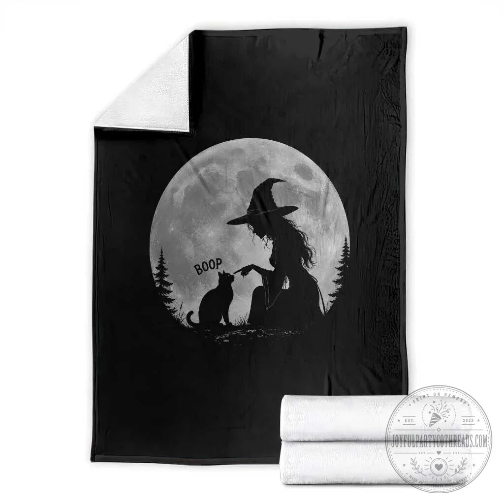 Halloween Witch Boop Cat Nose Under Full Moon Spooky Throw Blanket