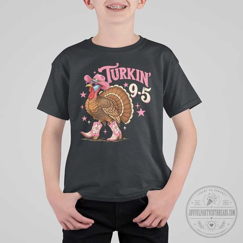 Funny Thanksgiving Cowgirl Shirt for Kids with Turkey Wearing Pink Boots
