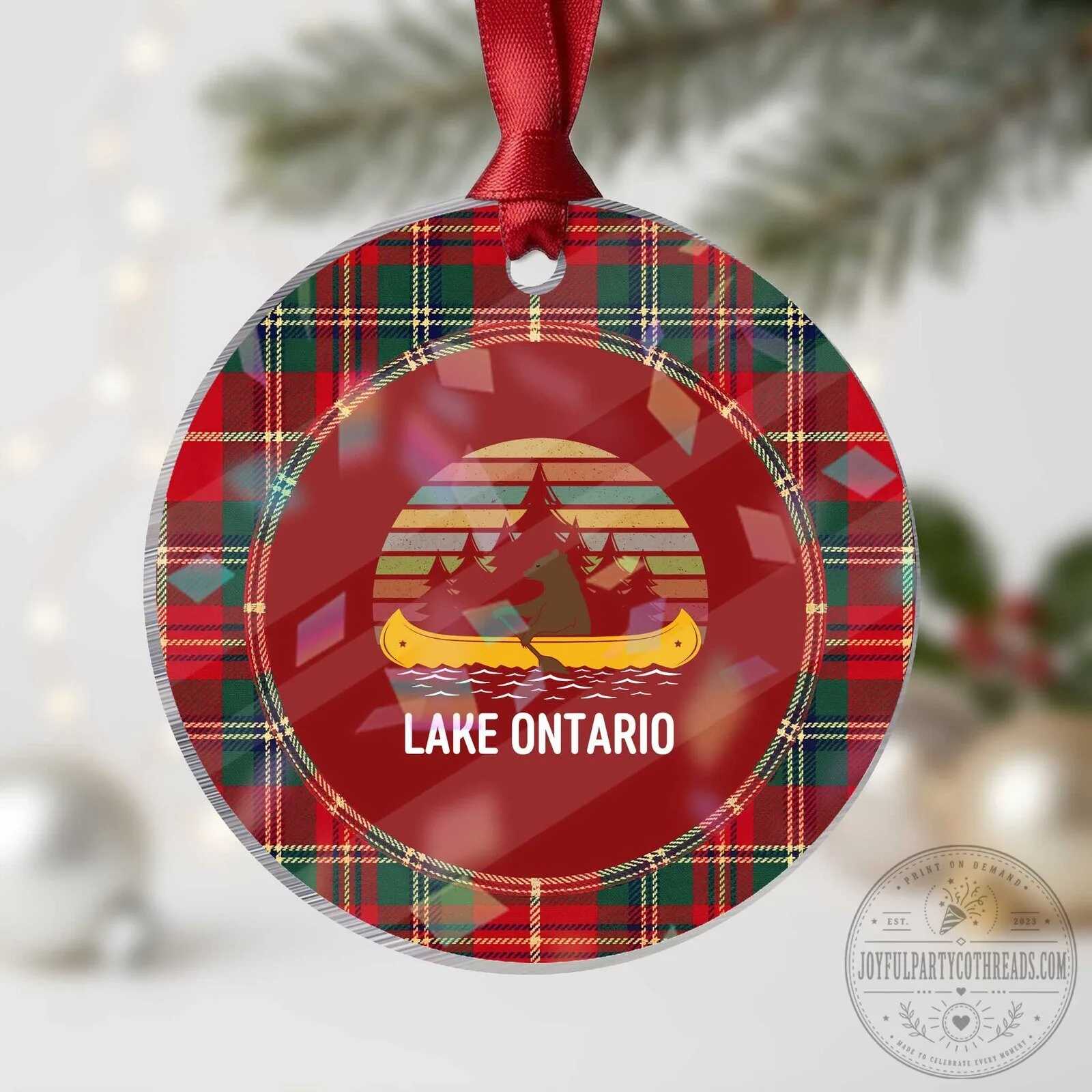 Lake Ontario Paddling Bear Canoe Retro Sunset Outdoor Christmas Tree Ornament