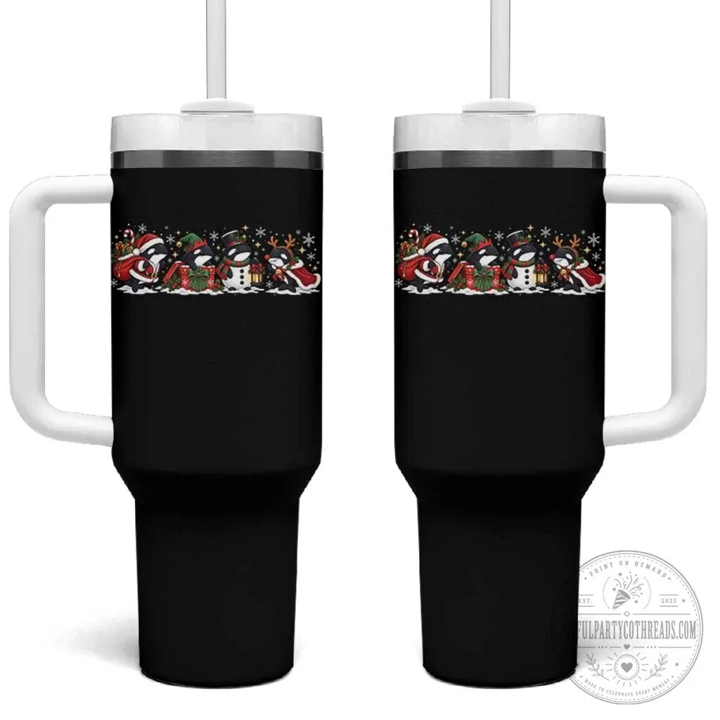 Christmas Orca Whale Santa Snowman Reindeer Holiday Tumbler With Handle