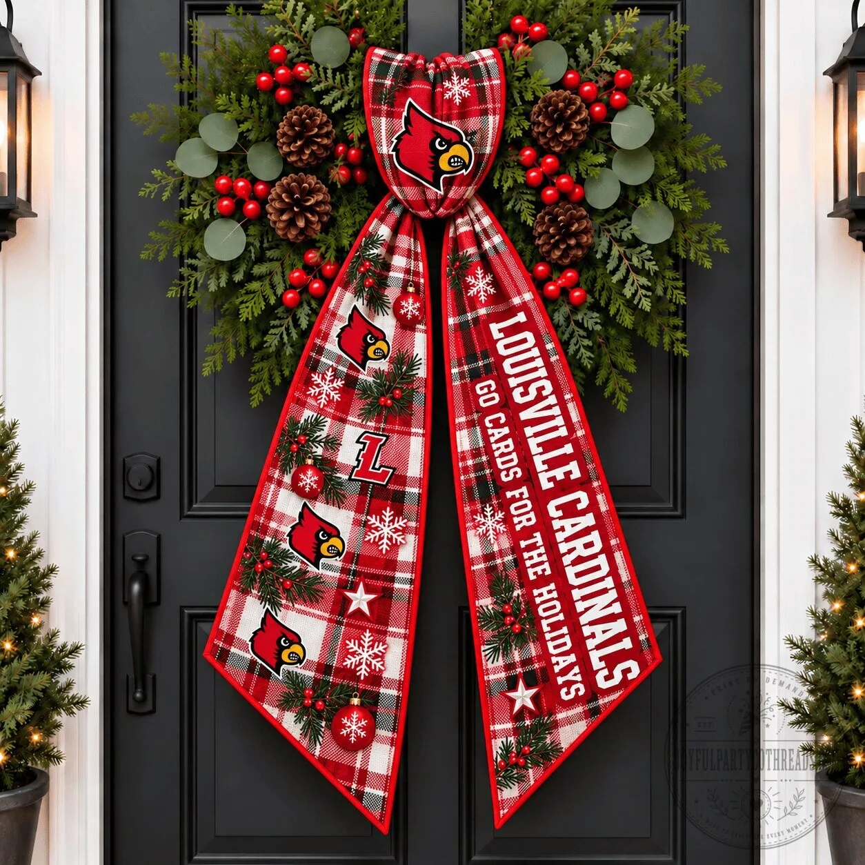Louisville Cardinals Christmas Plaid Wreath Sash Holiday Decor