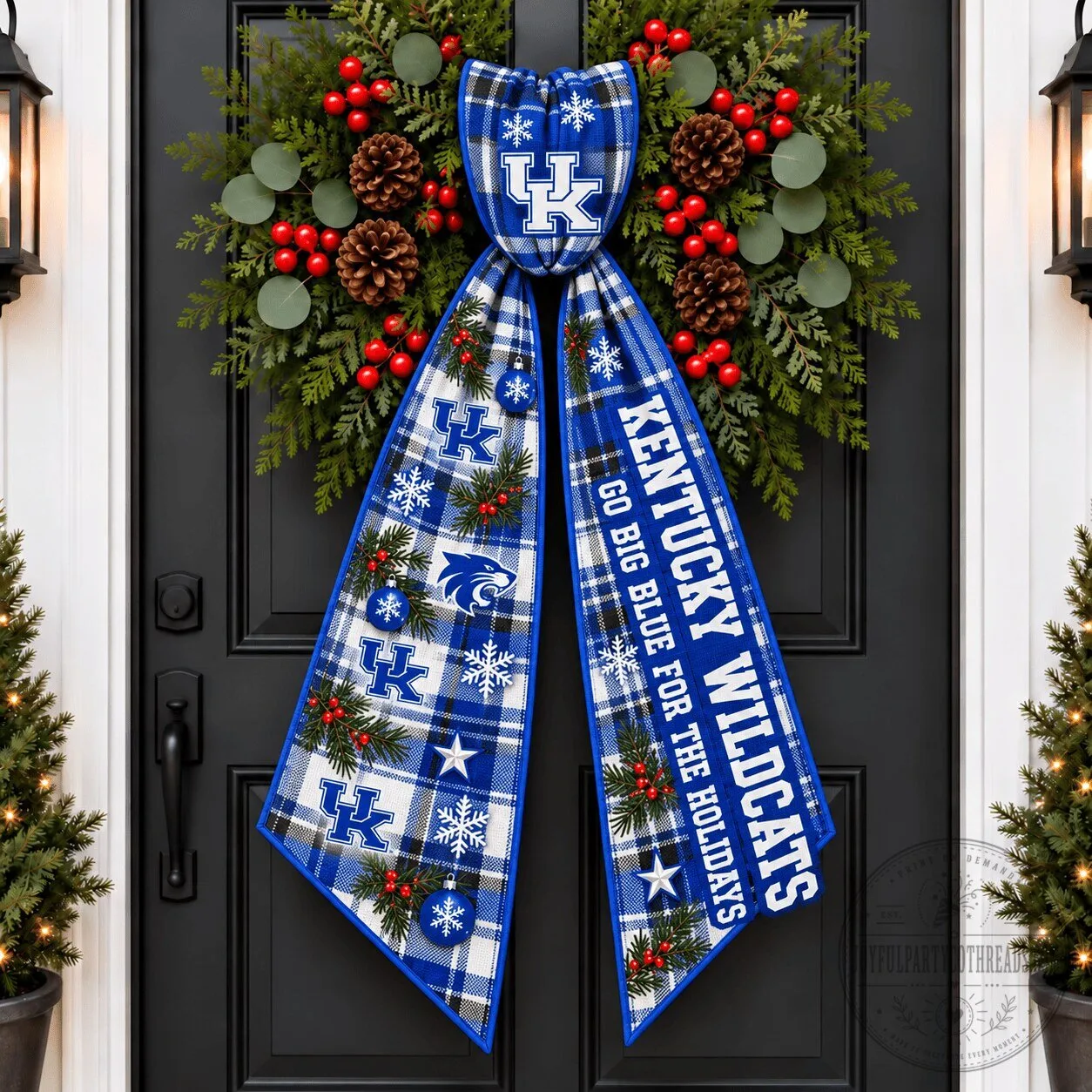 Kentucky Wildcats Christmas Plaid Wreath Bow with Holiday Berries and Pinecones