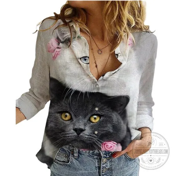 Cute Cat Face Print Long Sleeve Button Down Blouse for Women