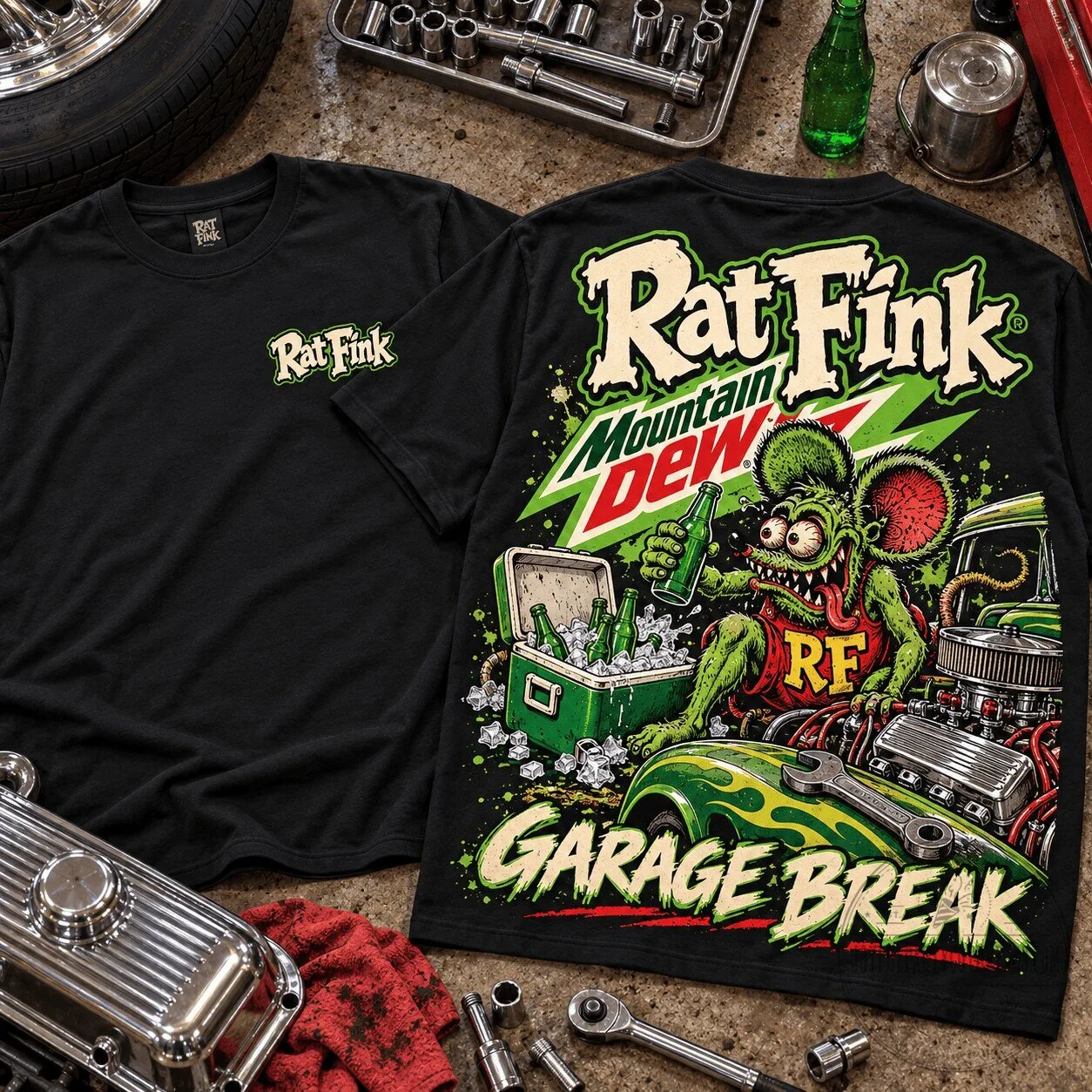 Rat Fink Mountain Dew Garage Break Hot Rod Graphic Black Adult T-Shirt