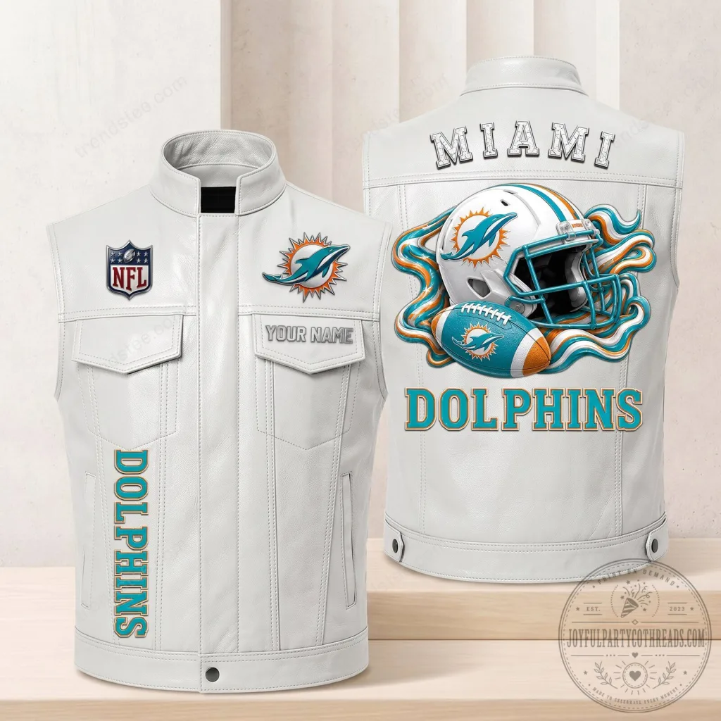 Miami Dolphins NFL Football Team White Leather Vest Miami Dolphins NFL Football Team White Leather Vest