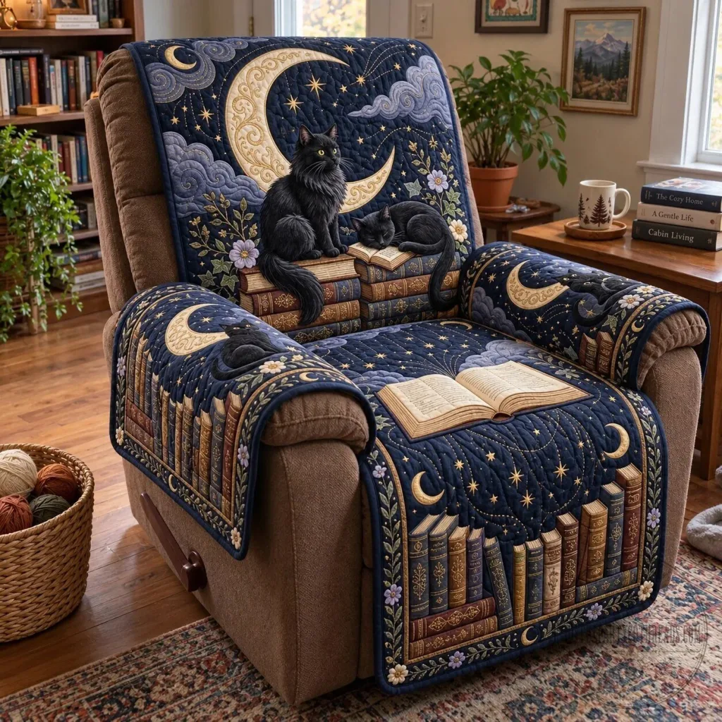 Celestial Black Cat Reading Bookshelf Quilted Sofa Cover Celestial Black Cat Reading Bookshelf Quilted Sofa Cover