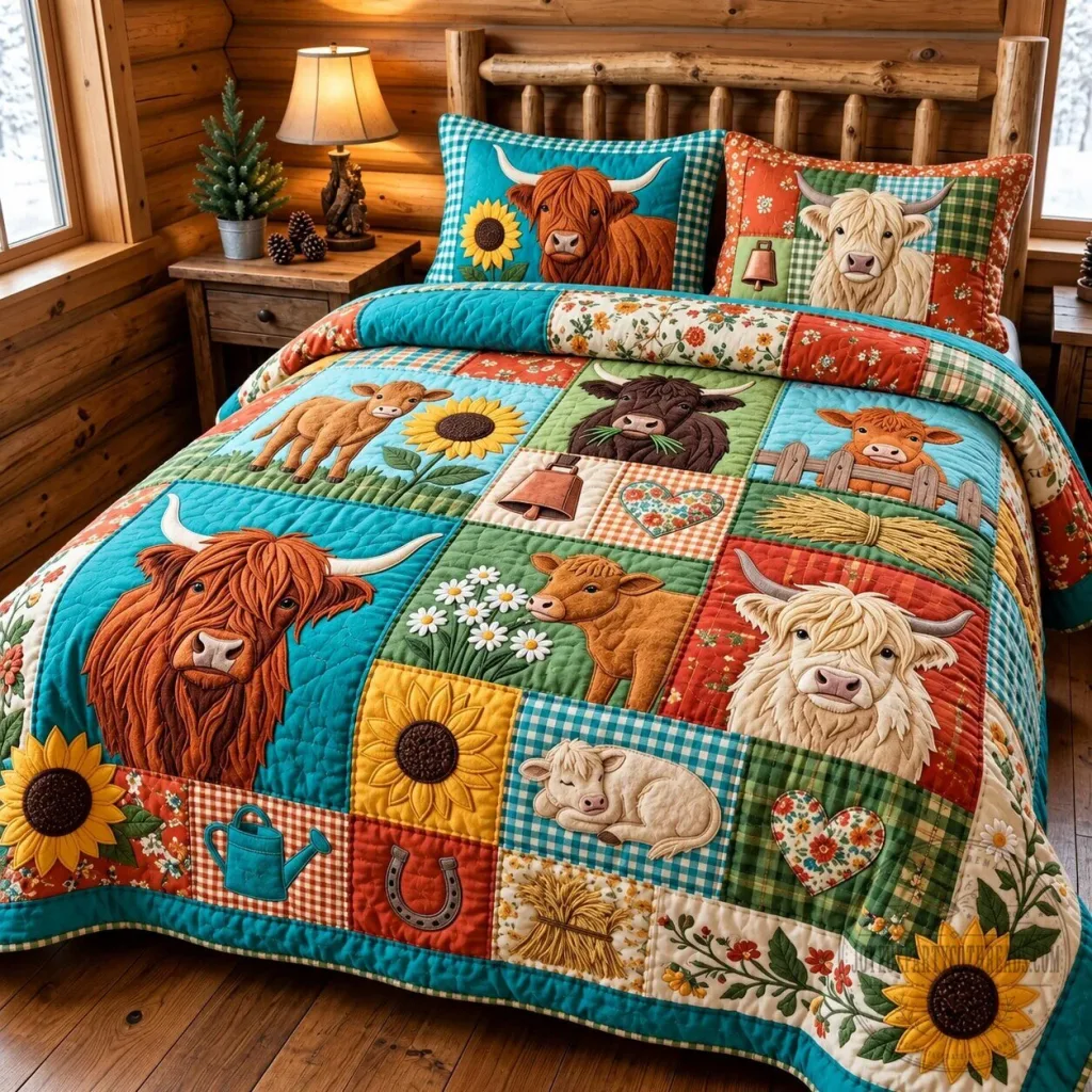 Highland Cow Sunflower Patchwork Quilted Bedding Set Highland Cow Sunflower Patchwork Quilted Bedding Set