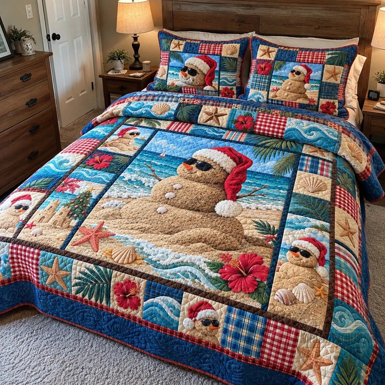 Christmas Beach Sandman Quilted Bedding Set with Snowman and Ocean Design 5 Christmas Beach Sandman Quilted Bedding Set with Snowman and Ocean Design