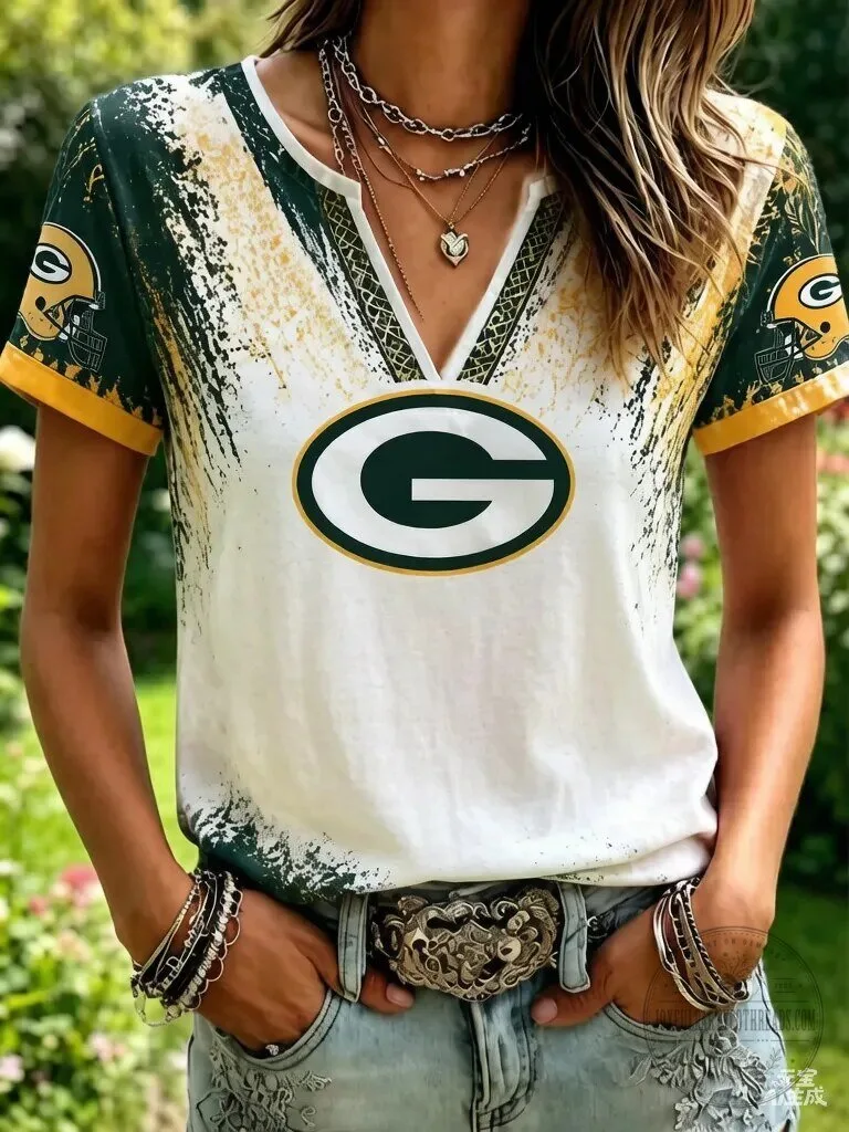 Green Bay Packers Football Team Logo Women's V-Neck T-Shirt 2 green bay packers football team logo women s v neck t shirt featured