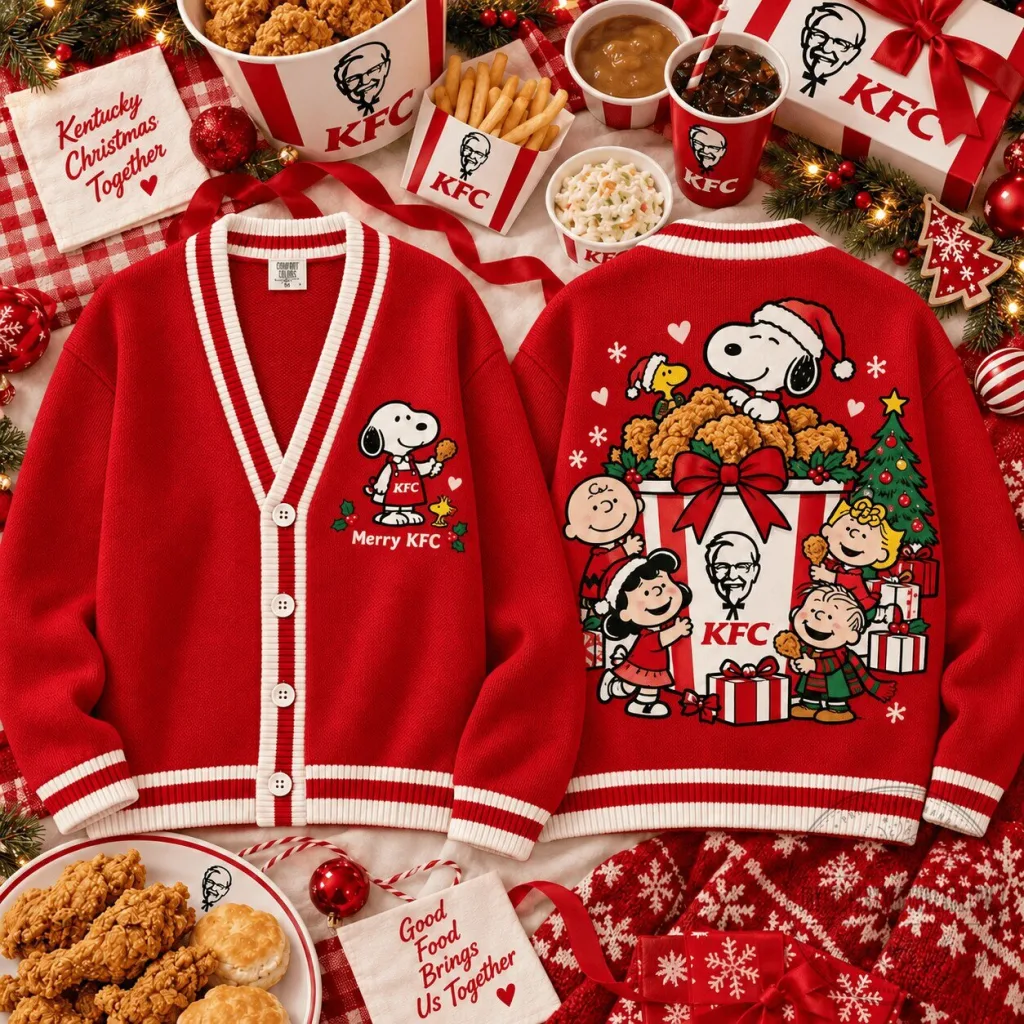 Snoopy and Friends Kentucky Fried Chicken Christmas Holiday Knitted Cardigan Sweater Snoopy and Friends Kentucky Fried Chicken Christmas Holiday Knitted Cardigan Sweater