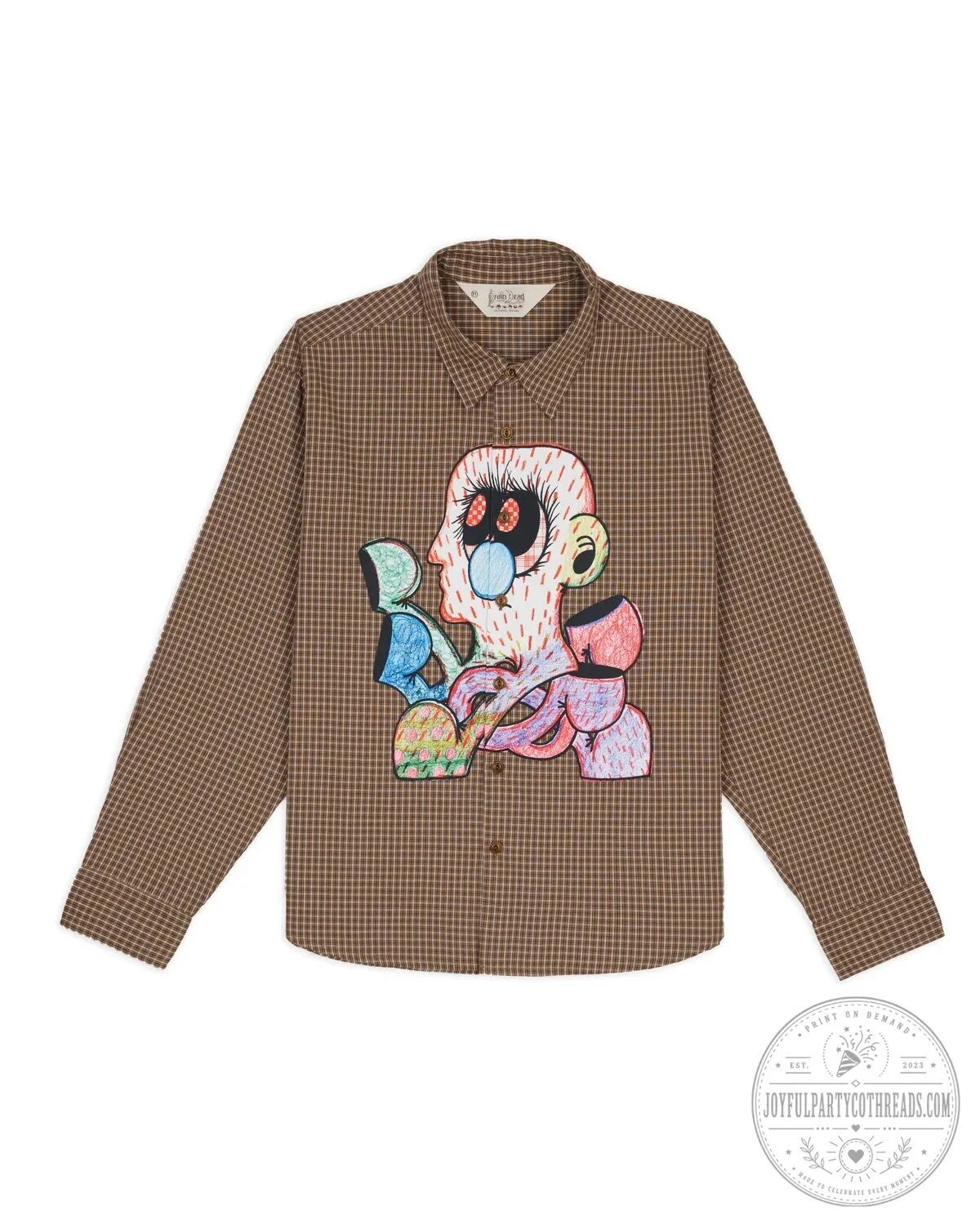 Brown Plaid Long Sleeve Button Up Shirt with Colorful Abstract Face Design 6 Brown Plaid Long Sleeve Button Up Shirt with Colorful Abstract Face Design