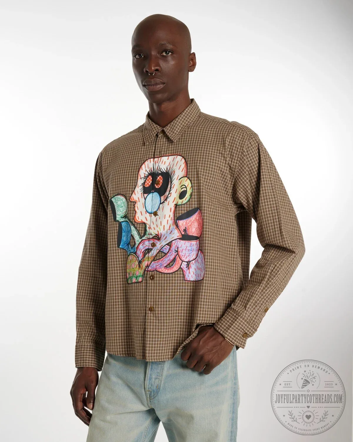 Brown Plaid Long Sleeve Button Up Shirt with Colorful Abstract Face Design 7 Brown Plaid Long Sleeve Button Up Shirt with Colorful Abstract Face Design