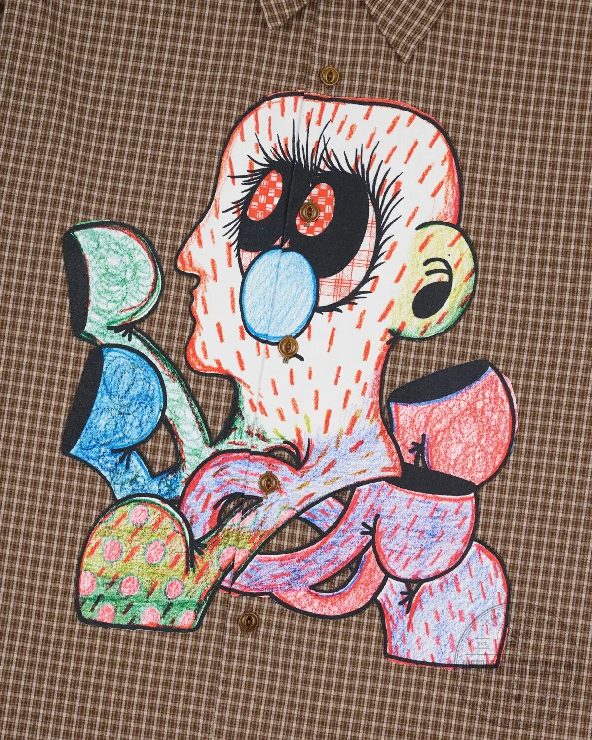 Brown Plaid Long Sleeve Button Up Shirt with Colorful Abstract Face Design 8 Brown Plaid Long Sleeve Button Up Shirt with Colorful Abstract Face Design