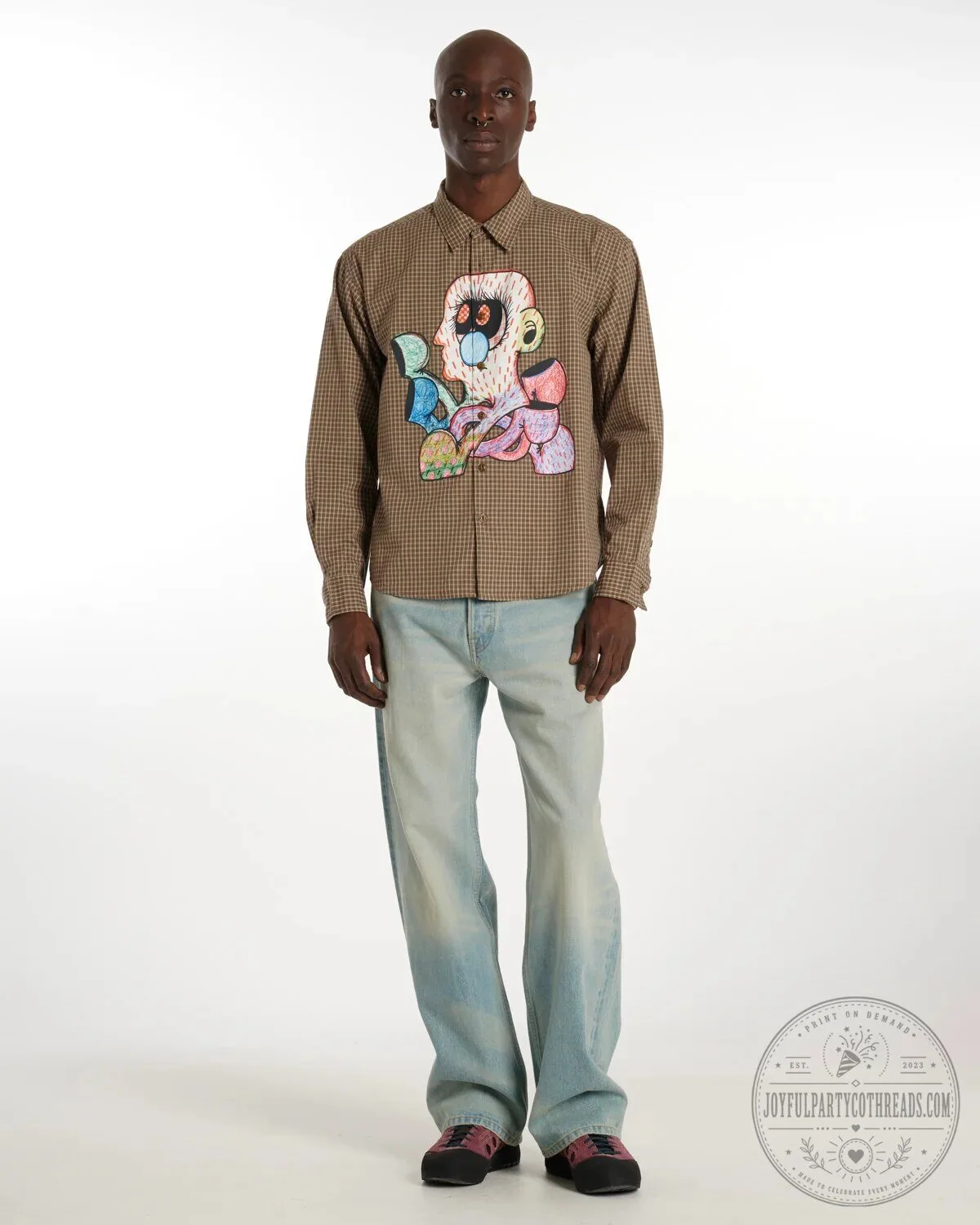Brown Plaid Long Sleeve Button Up Shirt with Colorful Abstract Face Design 9 Brown Plaid Long Sleeve Button Up Shirt with Colorful Abstract Face Design